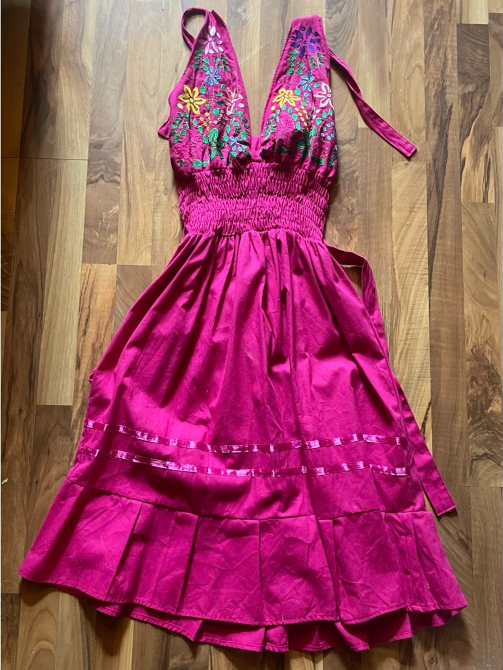 Mexican Embroidered Fuchsia Halter Summer Dress